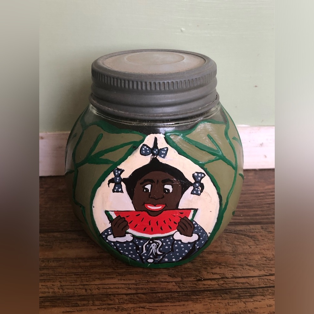 Hand Painted Folk Art Glass Jar African American Girl,  Ball Lid W Ring